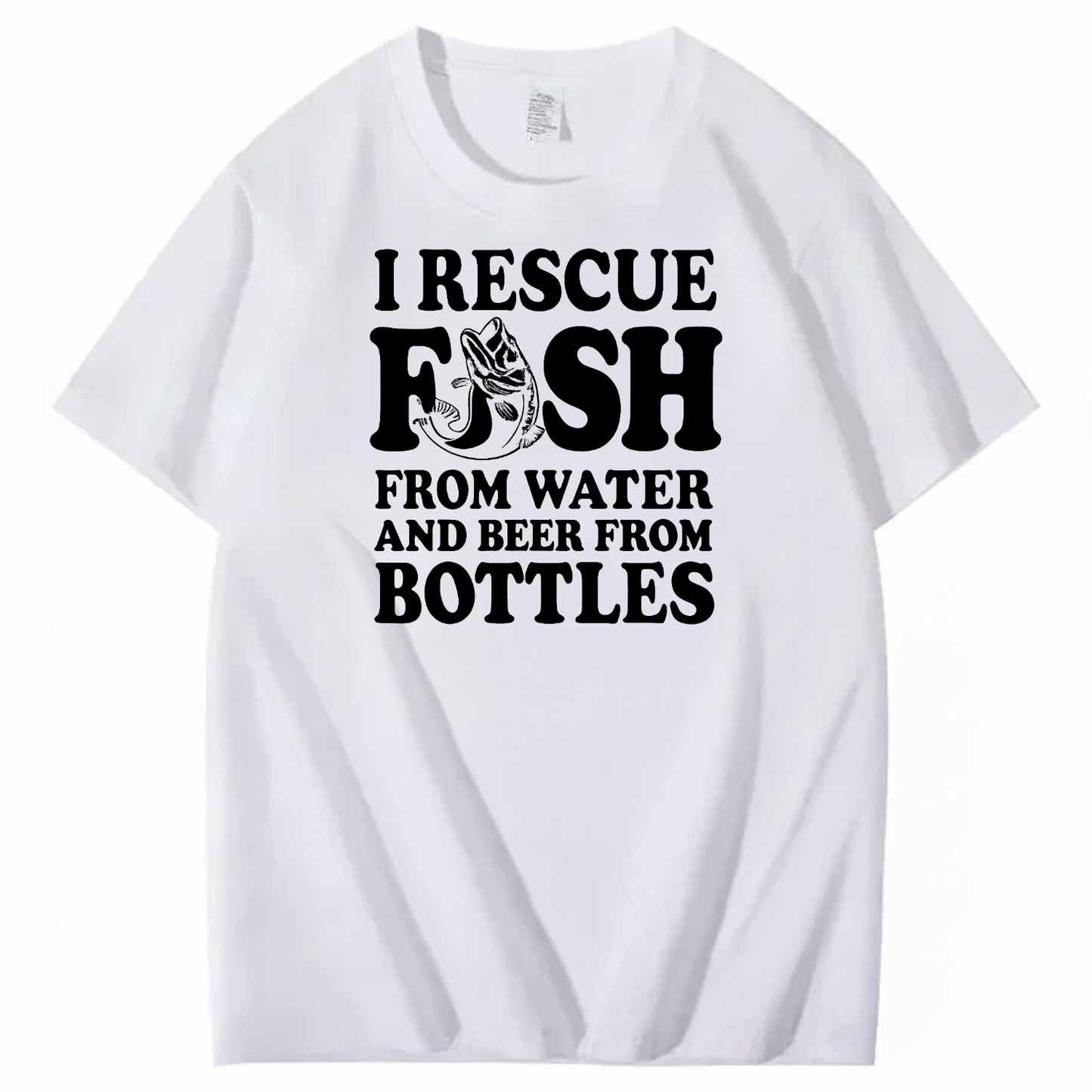 I RESCUE FISH FROM WATER AND BEER FROM BOTTLES T-SHIRT (FRONT PRINT)