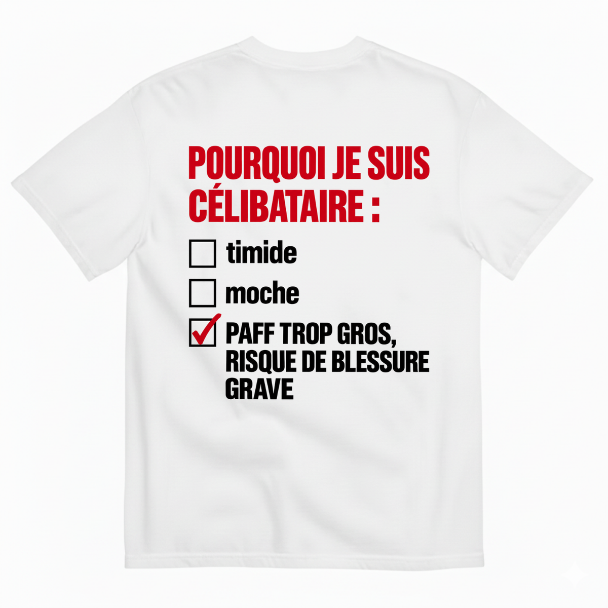 POURQUOI JE SUIS CÉLIBATAIRE T-SHIRT (BACK PRINT)