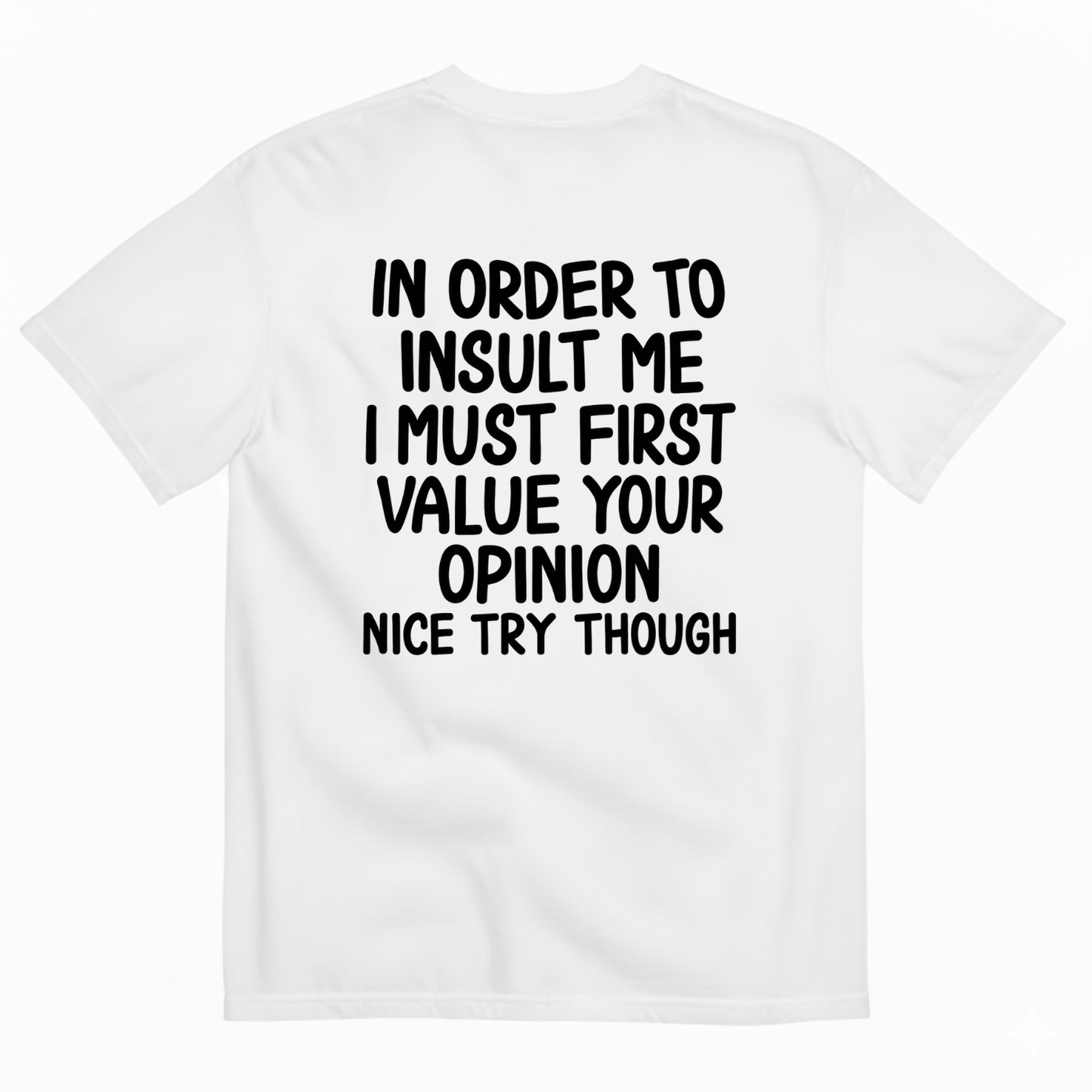 IN ORDER TO INSULT ME I MUST FIRST VALUE YOUR OPINION NICE TRY THOUGH T-SHIRT (BACK PRINT)