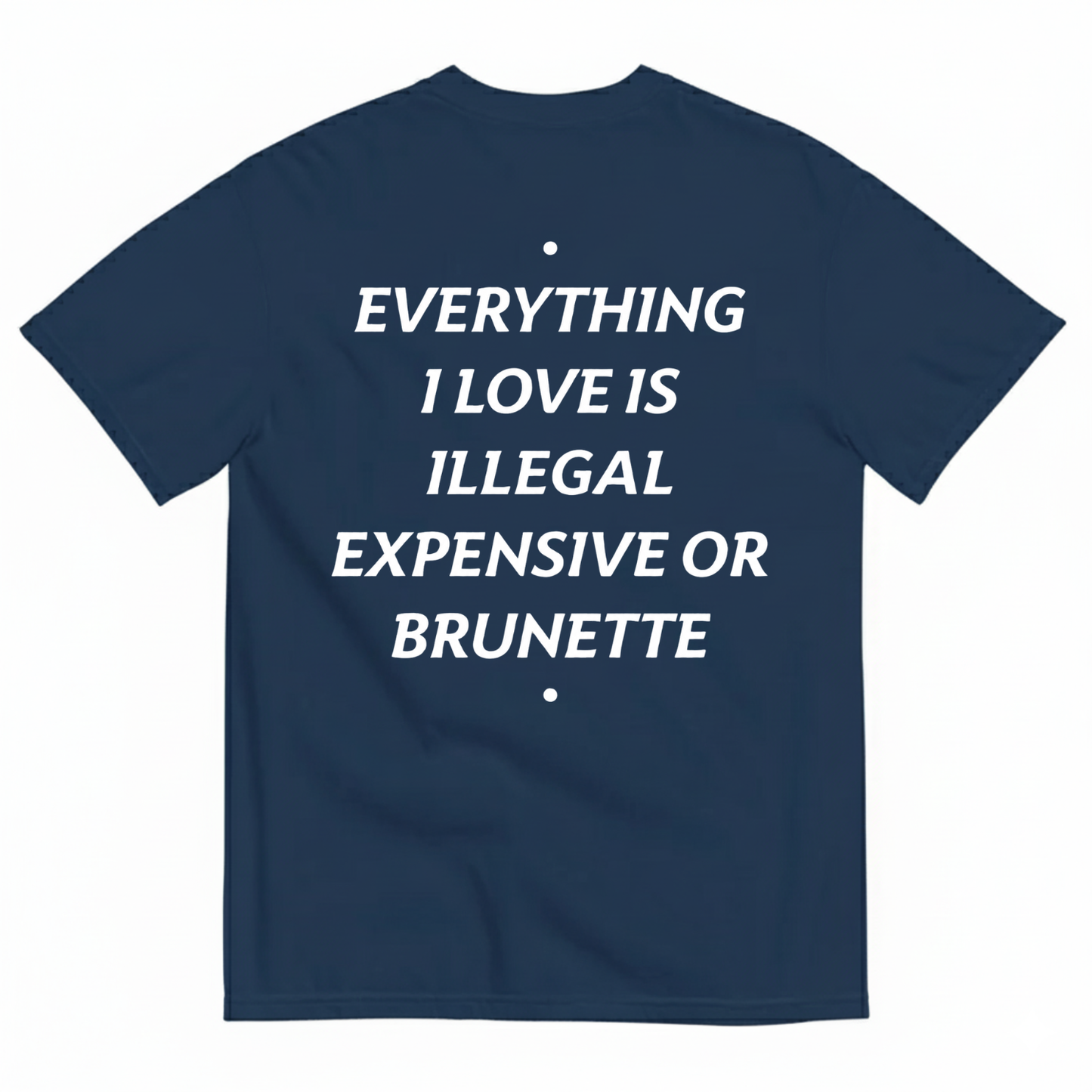 EVERYTHING I LOVE IS ILLEGAL, EXPENSIVE OR BRUNETTE T- SHIRT (BACK PRINT)