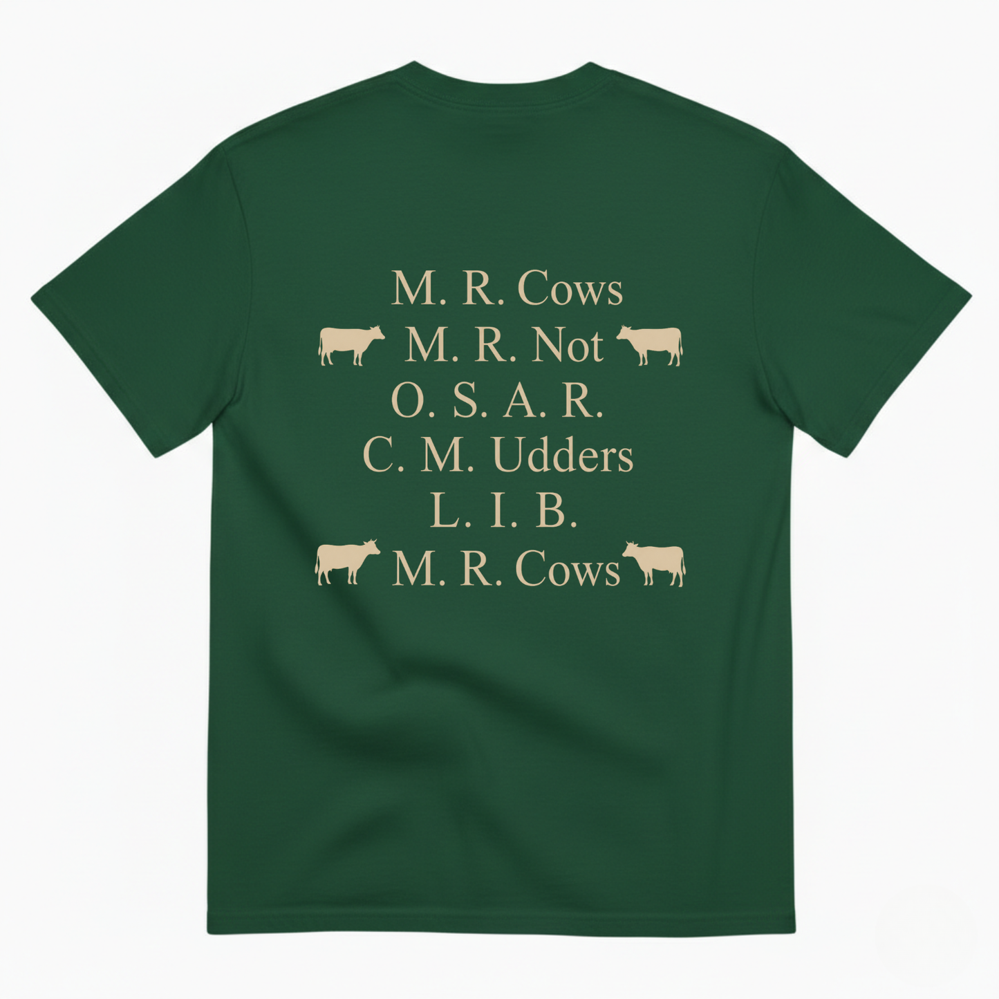 M. R. COWS, M. R. NOT, O. S. A. R., C. M. UDDERS, L. I. B., M. R. COWS T-SHIRT (BACK PRINT)