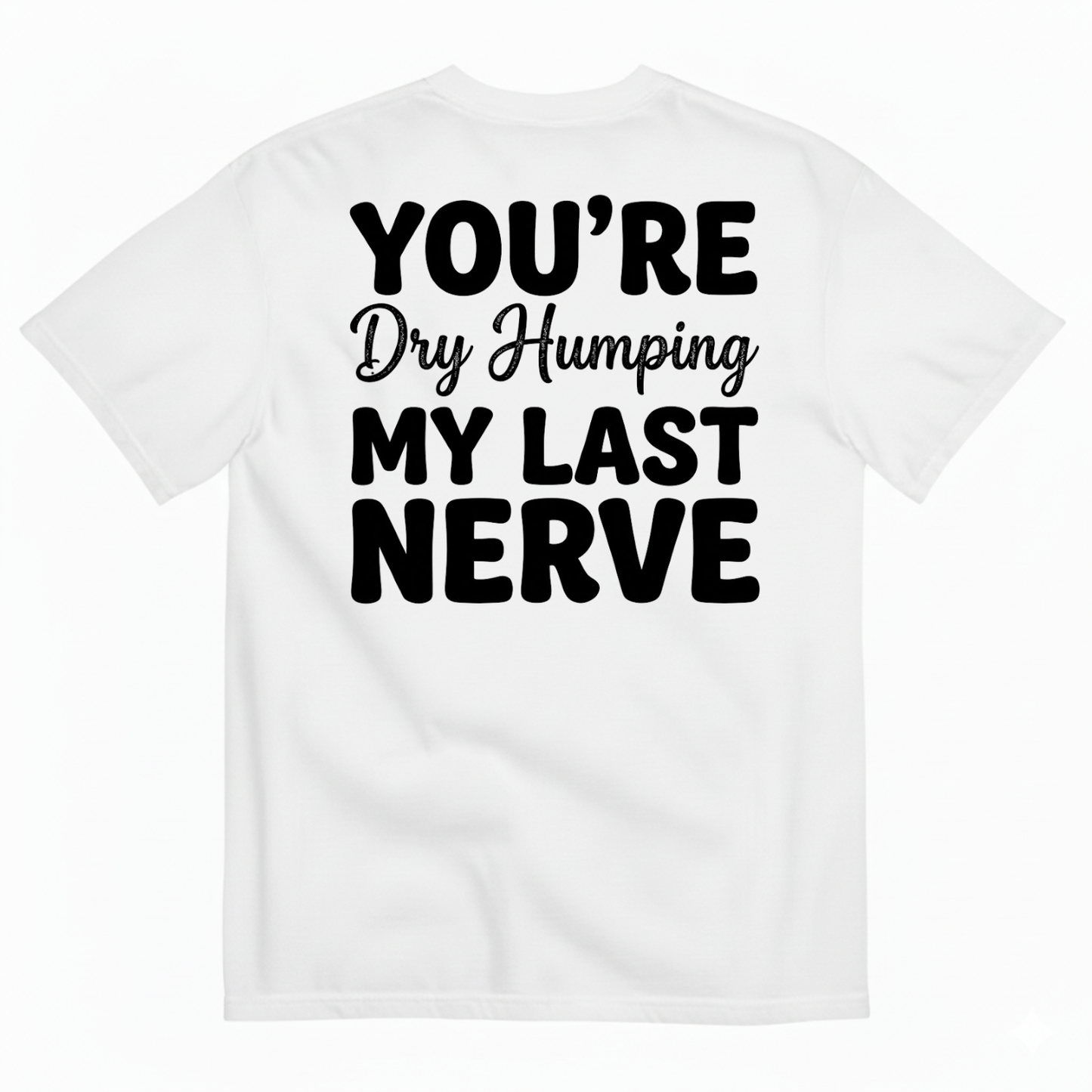 YOU’RE DRY HUMPING MY LAST NERVE T-SHIRT (BACK PRINT)