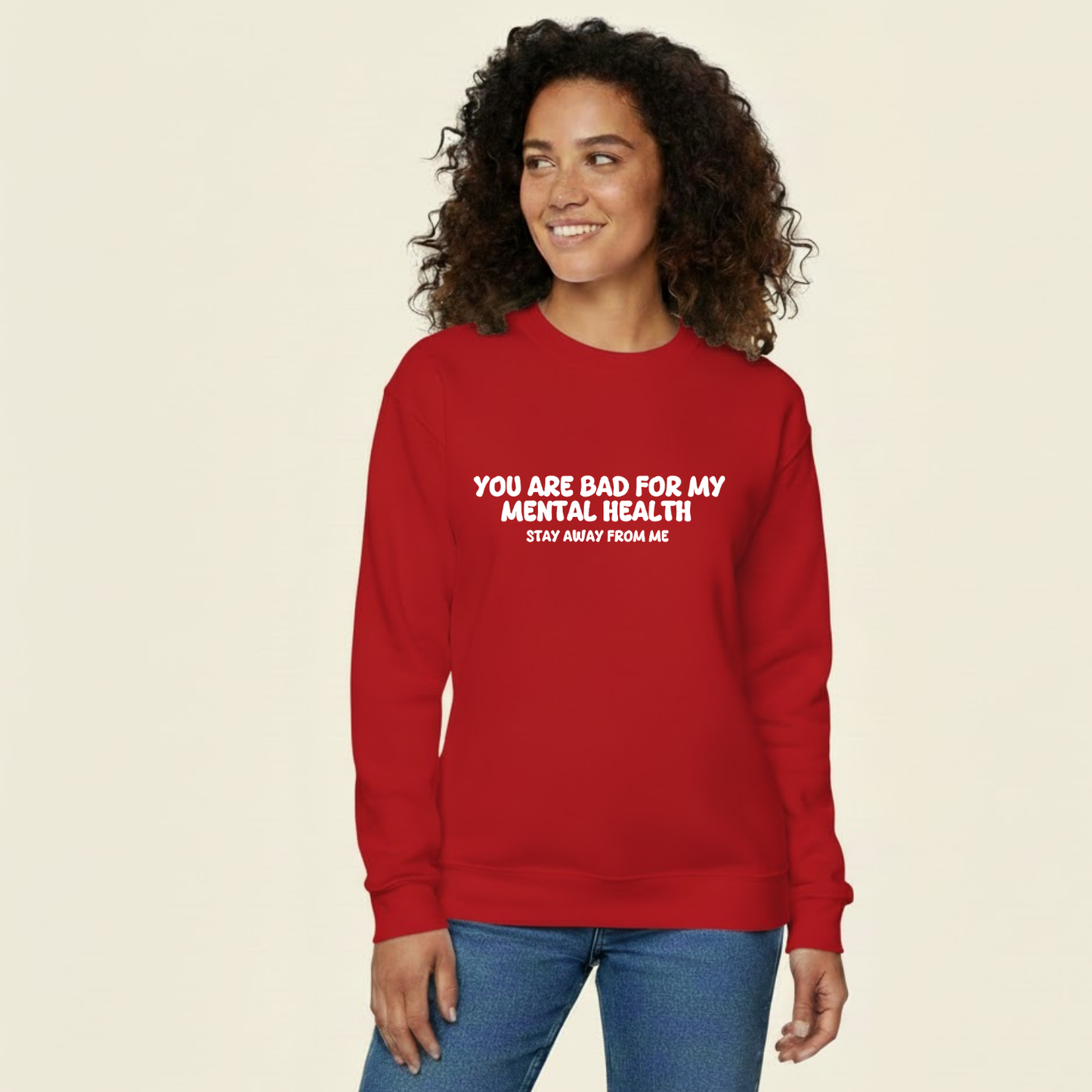 Unisex Black Crewneck Sweatshirt – “Protecting My Peace – Please Stay Away” – Graphic Slogan, Relaxed Fit
