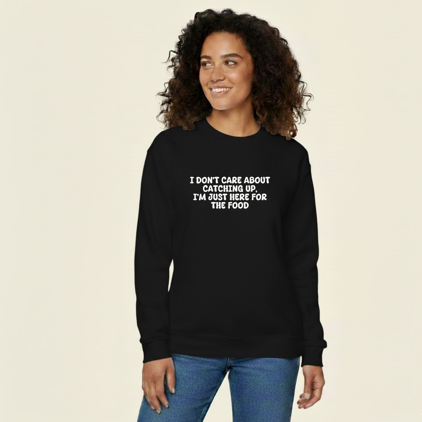 Unisex Crewneck Sweatshirt “I’m Just Here For The Food” – Black, Long Sleeve, Relaxed Fit
