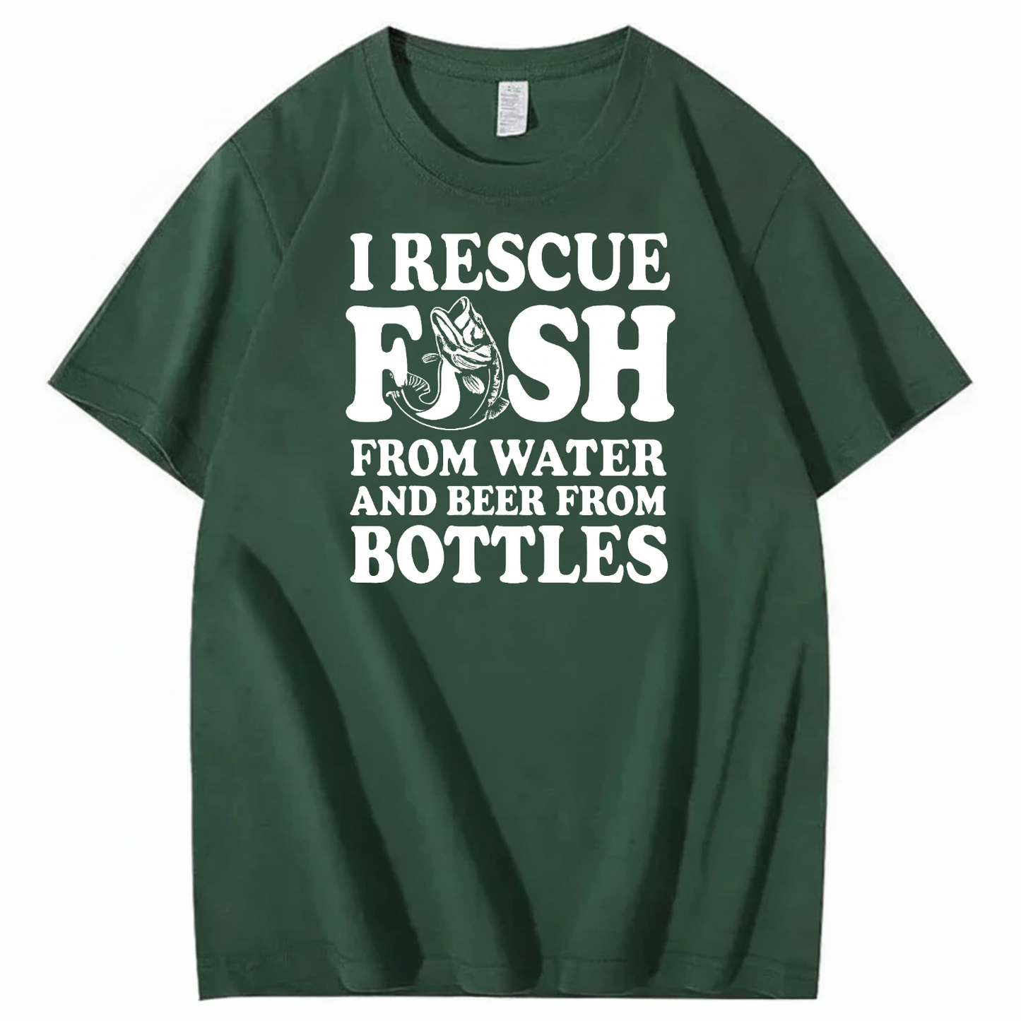 I RESCUE FISH FROM WATER AND BEER FROM BOTTLES T-SHIRT (FRONT PRINT)