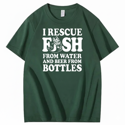 I RESCUE FISH FROM WATER AND BEER FROM BOTTLES T-SHIRT (FRONT PRINT)