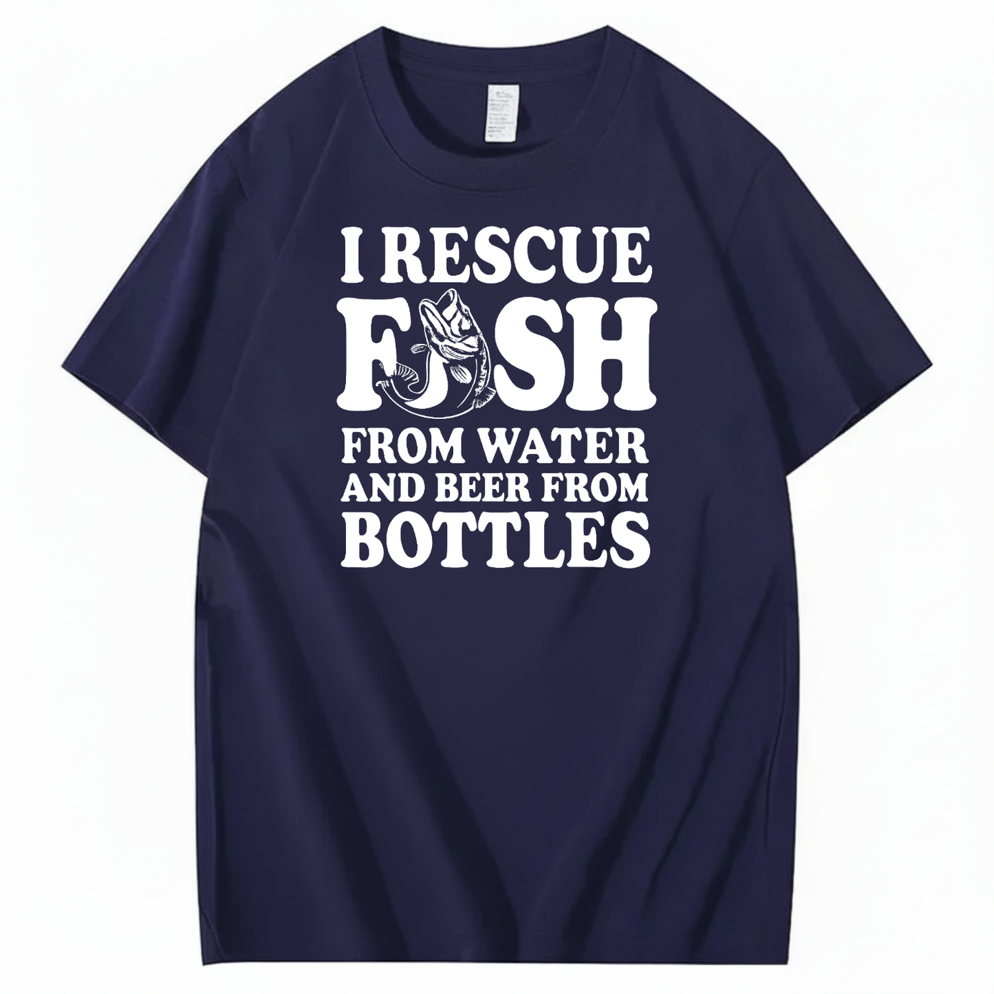 I RESCUE FISH FROM WATER AND BEER FROM BOTTLES T-SHIRT (FRONT PRINT)