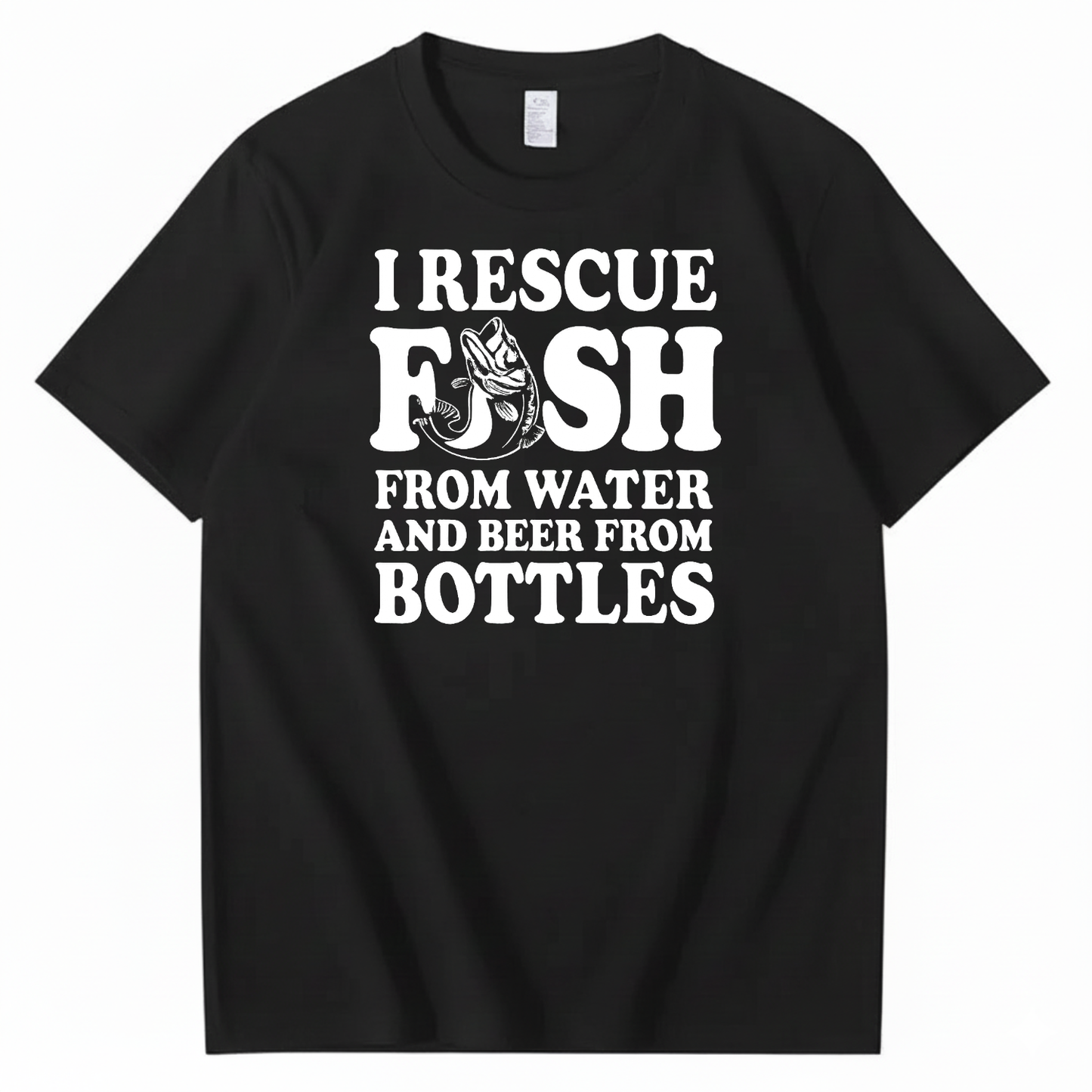 I RESCUE FISH FROM WATER AND BEER FROM BOTTLES T-SHIRT (FRONT PRINT)