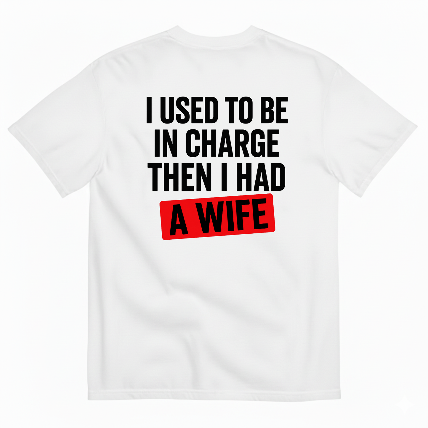 I USED TO BE IN CHARGE THEN I HAD A WIFE T-SHIRT (BACK PRINT)