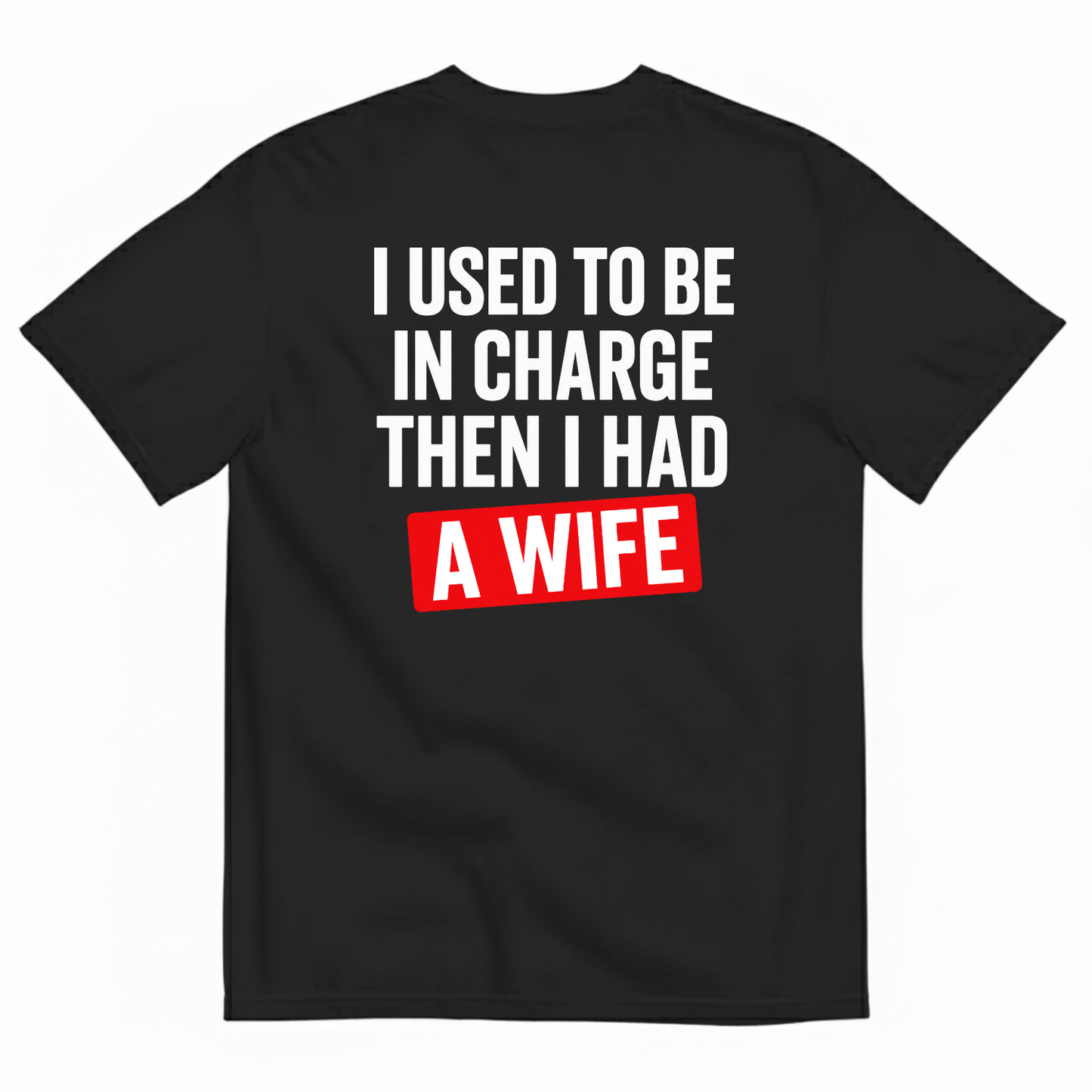I USED TO BE IN CHARGE THEN I HAD A WIFE T-SHIRT (BACK PRINT)