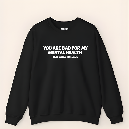 Unisex Black Crewneck Sweatshirt – “Protecting My Peace – Please Stay Away” – Graphic Slogan, Relaxed Fit