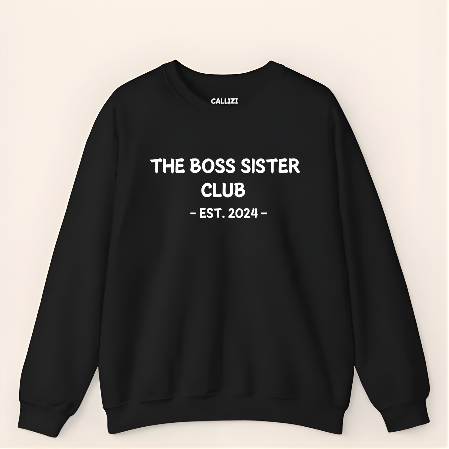 Unisex Black Crewneck Sweatshirt – “Boss Sister Club – EST. 2024” – Graphic Slogan, Relaxed Fit