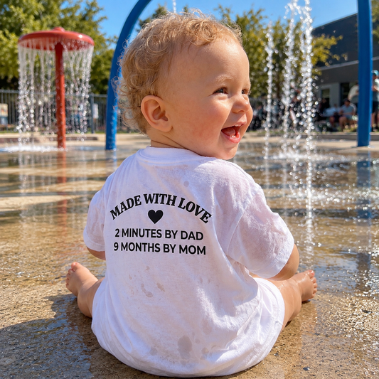 2 MINUTES BY DAD 9 MONTHS BY MOM TODDLER TEE (BACK PRINT)