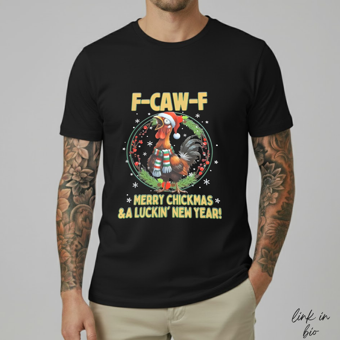 Funny F-CAW-F Rooster Christmas T-Shirt | Merry Chickmas Tee (Front Print)