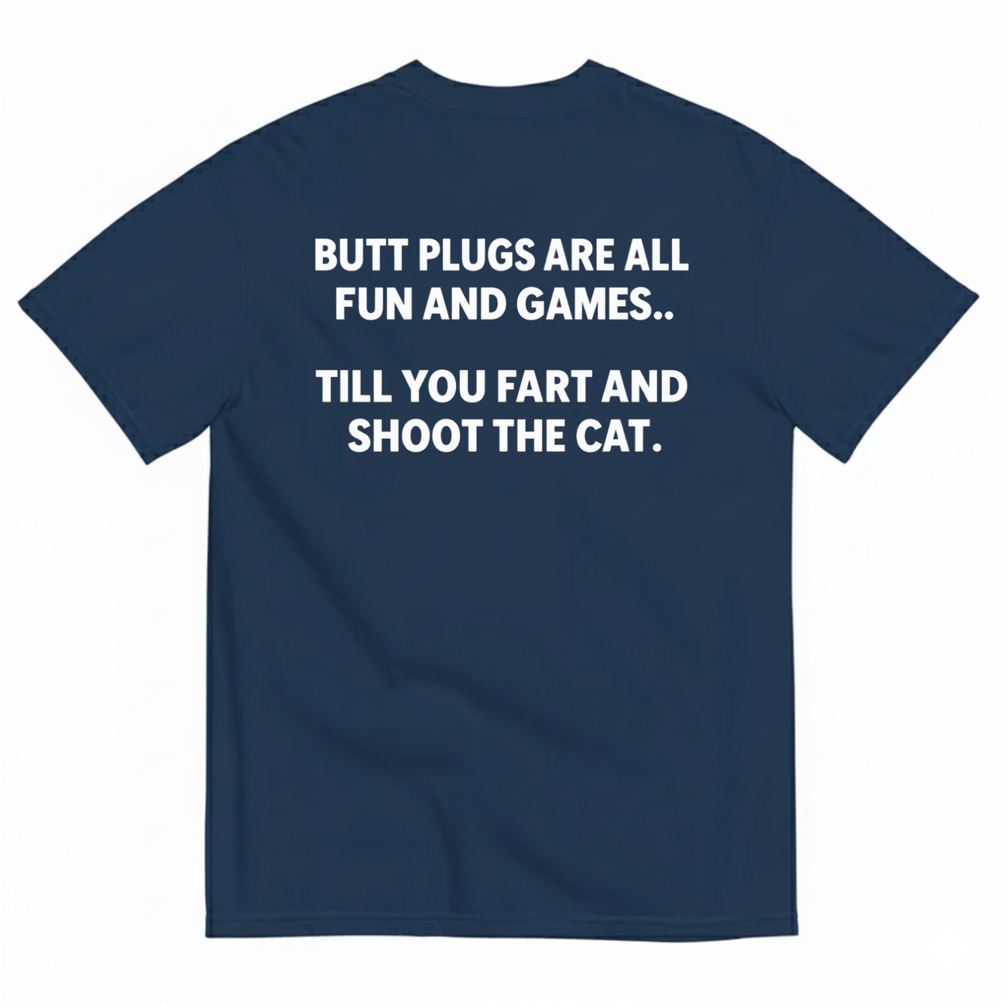 BUTT PLUGS ARE ALL FUN AND GAMES TILL YOU FART AND SHOOT THE CAT T-SHIRT (BACK PRINT)