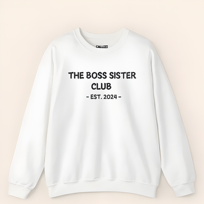 Unisex Black Crewneck Sweatshirt – “Boss Sister Club – EST. 2024” – Graphic Slogan, Relaxed Fit