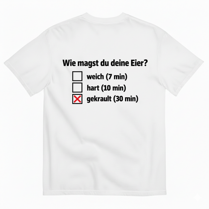 WIE MAGST DU DEINE EIER T-SHIRT (BACK PRINT)