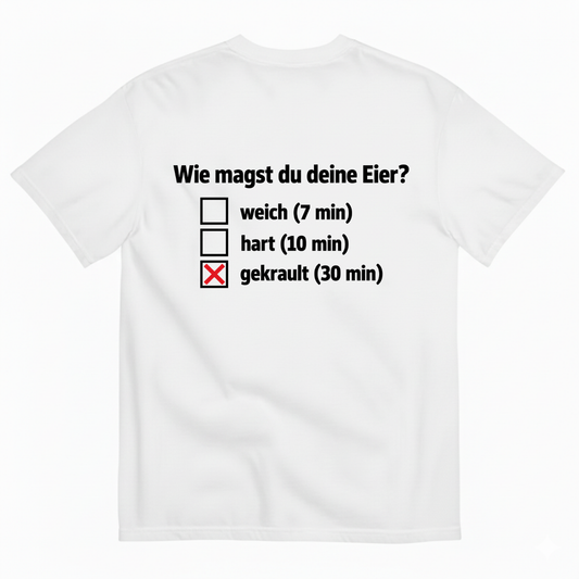WIE MAGST DU DEINE EIER T-SHIRT (BACK PRINT)