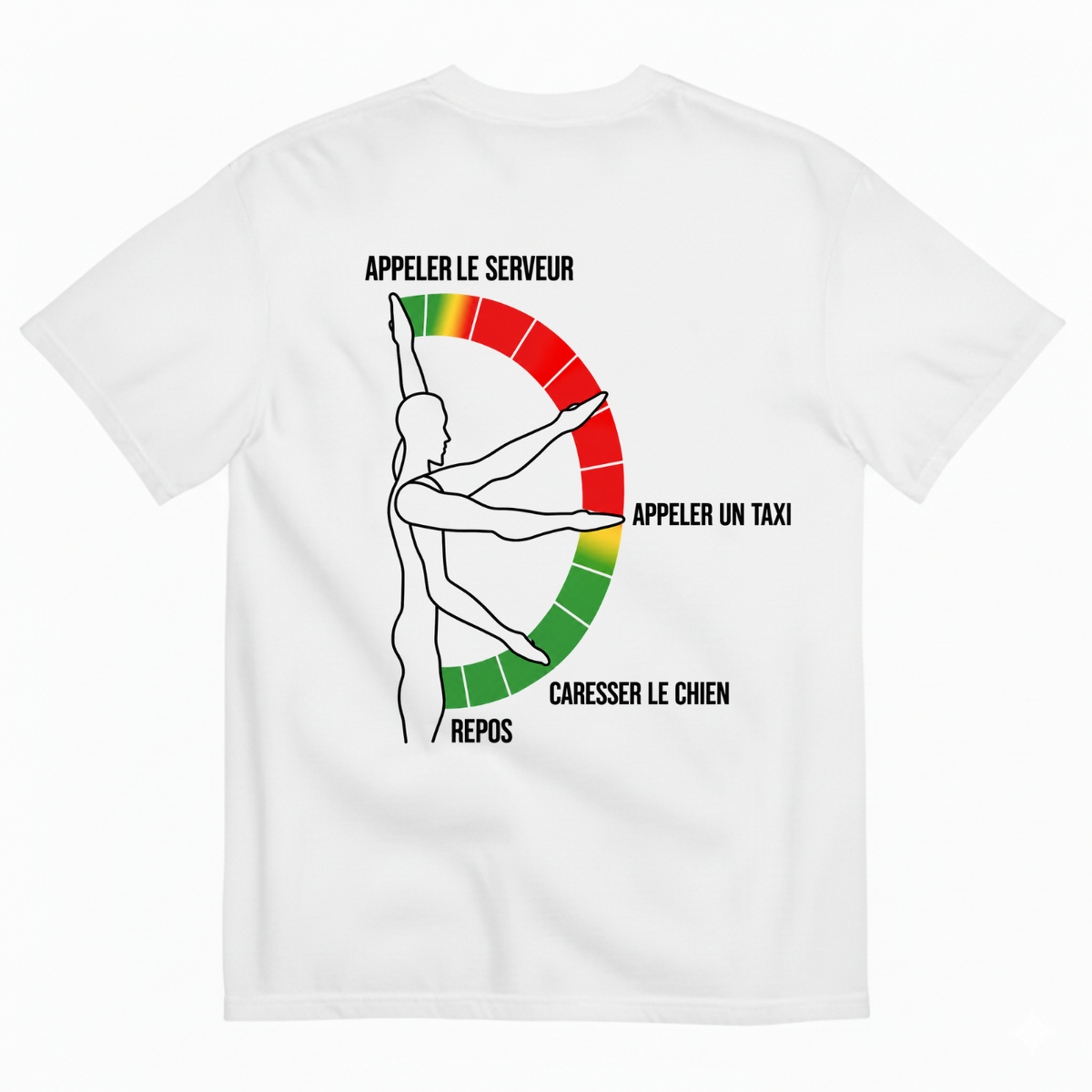 "APPELER LE SERVEUR," "APPELER UN TAXI," "CARESSER LE CHIEN," and "REPOS T-SHIRT (BACK PRINT)