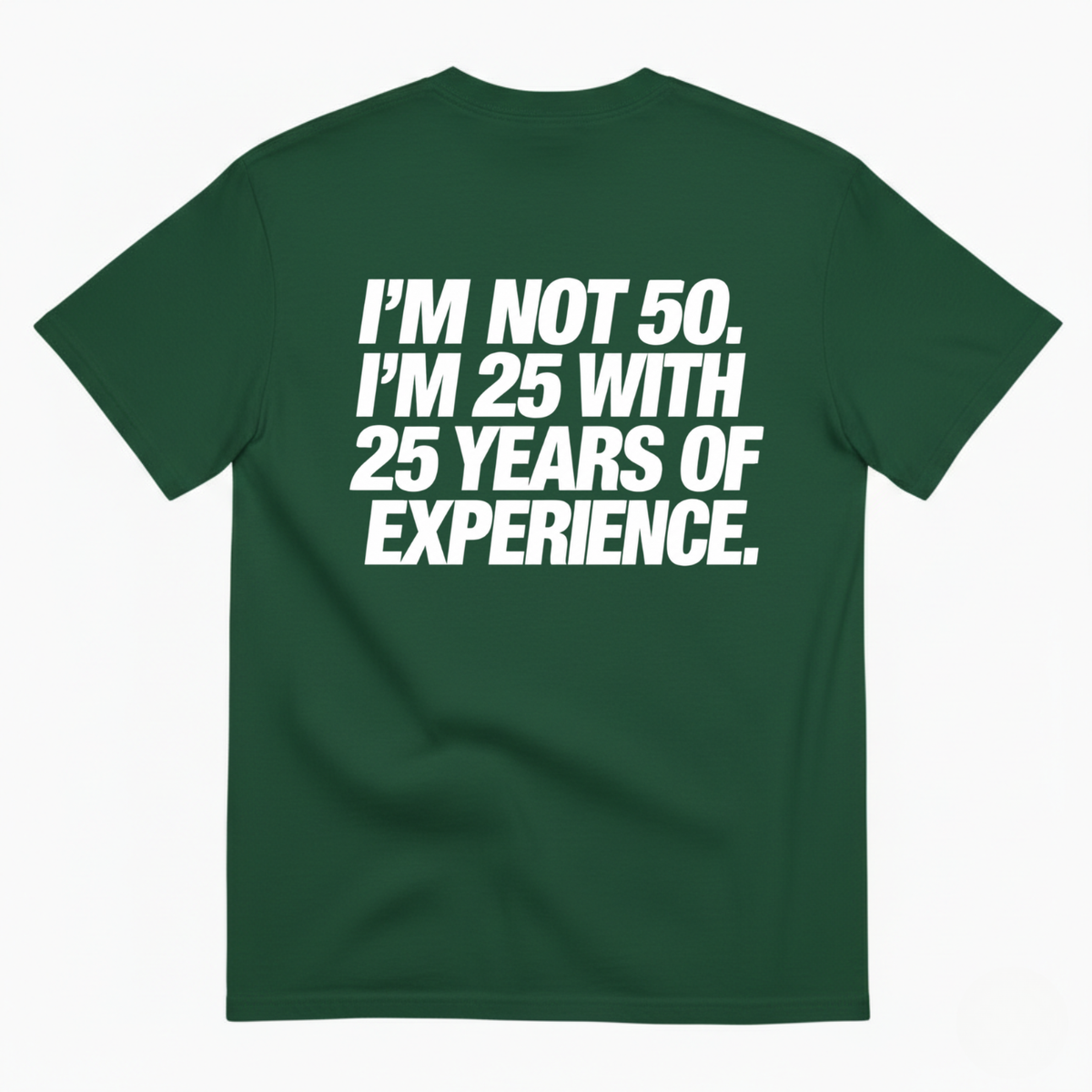 I’M NOT 50. I’M 25 WITH 25 YEARS OF EXPERIENCE T-SHIRT (BACK PRINT)