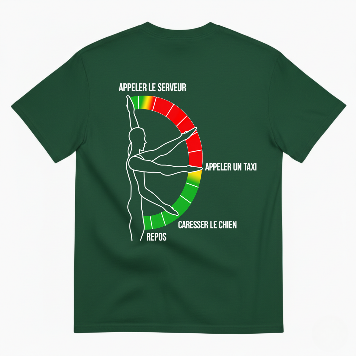 "APPELER LE SERVEUR," "APPELER UN TAXI," "CARESSER LE CHIEN," and "REPOS T-SHIRT (BACK PRINT)
