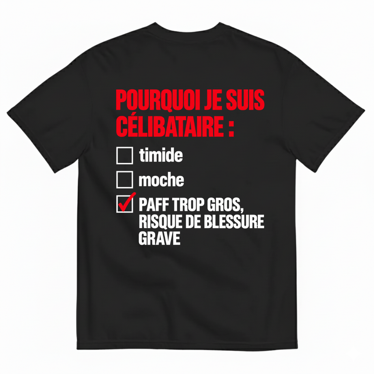 POURQUOI JE SUIS CÉLIBATAIRE T-SHIRT (BACK PRINT)