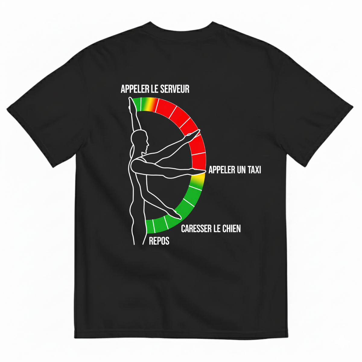 "APPELER LE SERVEUR," "APPELER UN TAXI," "CARESSER LE CHIEN," and "REPOS T-SHIRT (BACK PRINT)