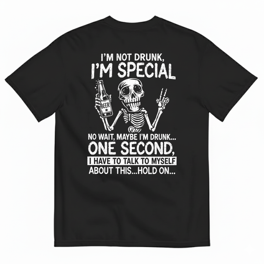 I’M NOT DRUNK, I’M SPECIAL – NO WAIT, MAYBE I’M DRUNK T-SHIRT (BACK PRINT)