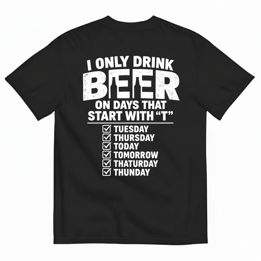 I ONLY DRINK BEER ON DAYS THAT START WITH “T” T-SHIRT (BACK PRINT)