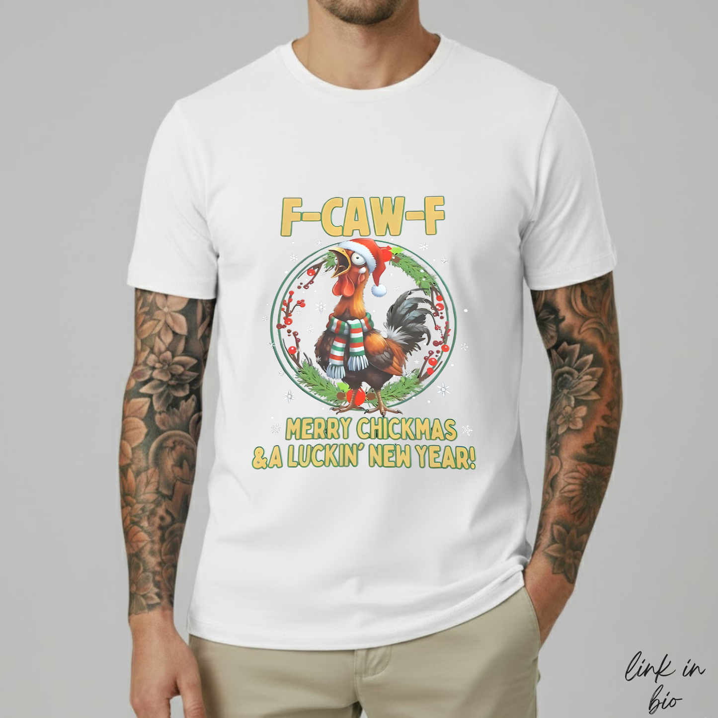 Funny F-CAW-F Rooster Christmas T-Shirt | Merry Chickmas Tee (Front Print)