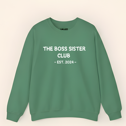 Unisex Black Crewneck Sweatshirt – “Boss Sister Club – EST. 2024” – Graphic Slogan, Relaxed Fit