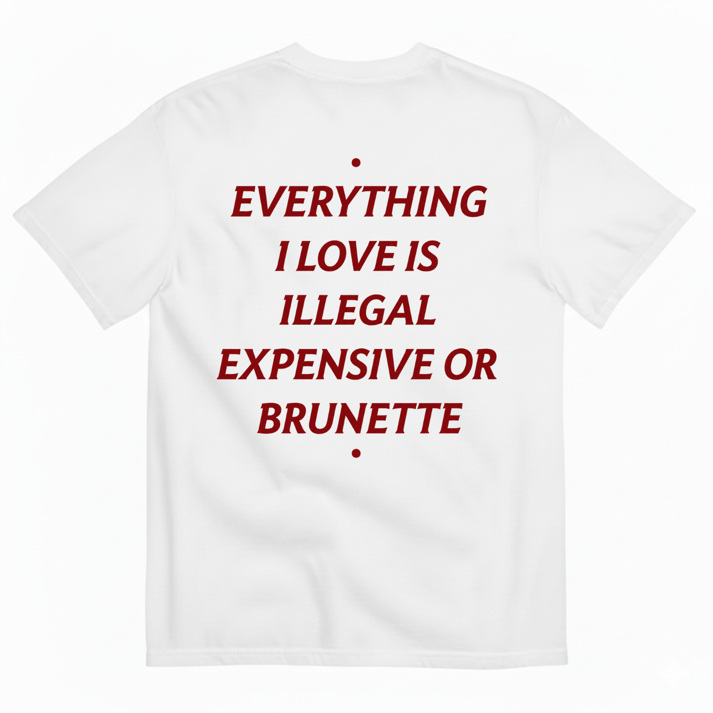 EVERYTHING I LOVE IS ILLEGAL, EXPENSIVE OR BRUNETTE T- SHIRT (BACK PRINT)