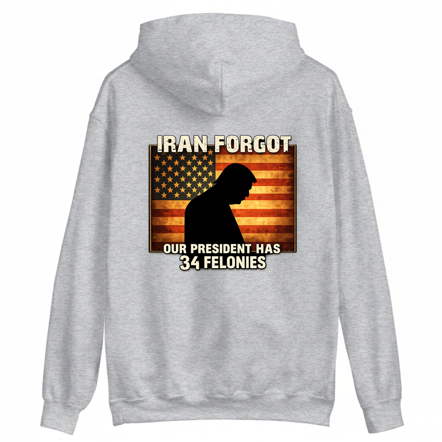 IRAN FORGOT OUR PRESIDENT HAS 34 FELONIES HOODIE (BACK PRINT)