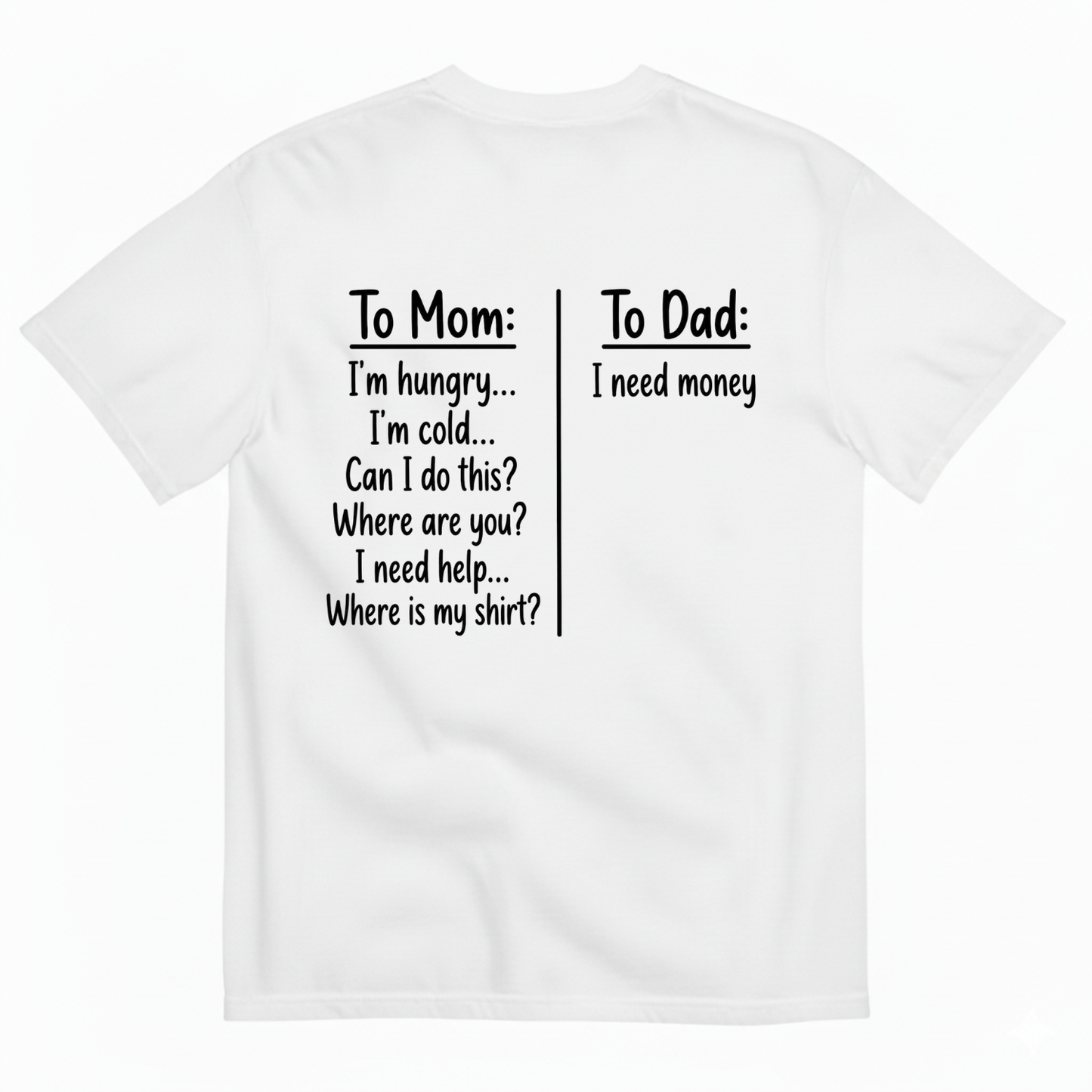 TO MOM TO DAD T-SHIRT (BACK PRINT)