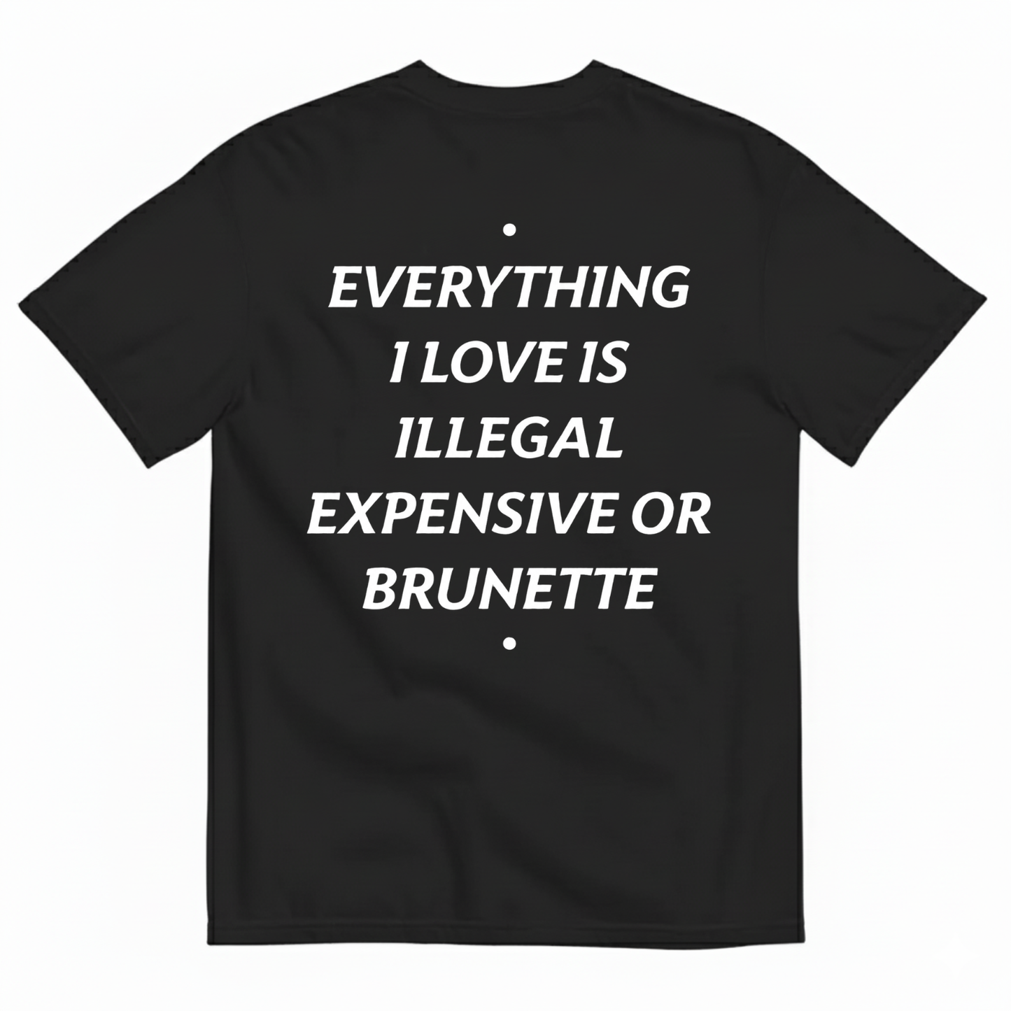 EVERYTHING I LOVE IS ILLEGAL, EXPENSIVE OR BRUNETTE T- SHIRT (BACK PRINT)