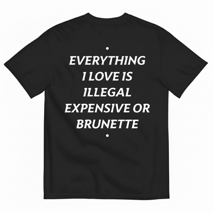 EVERYTHING I LOVE IS ILLEGAL, EXPENSIVE OR BRUNETTE T- SHIRT (BACK PRINT)