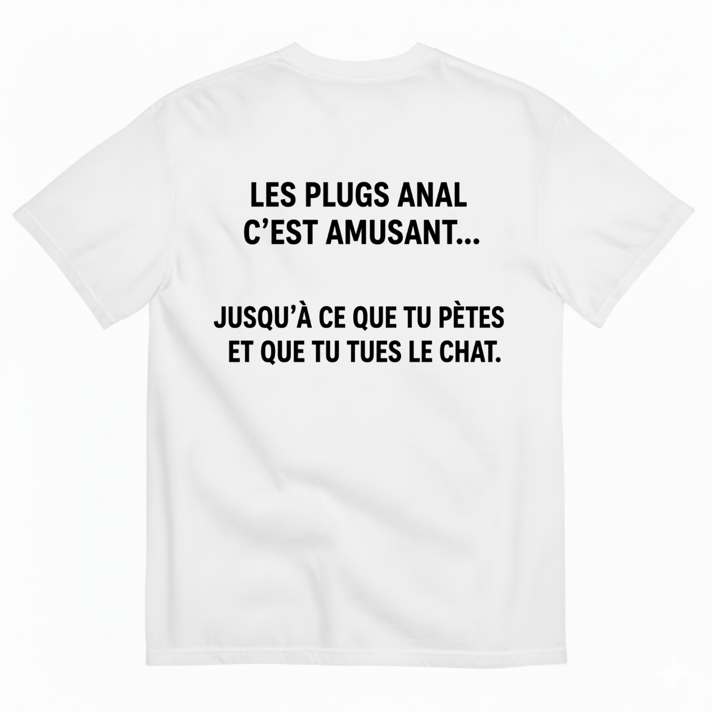LES PLUGS ANAL C’EST AMUSANT... JUSQU’À CE QUE TU PÈTES ET QUE TU TUES LE CHAT. T-SHIRT (BACK PRINT)