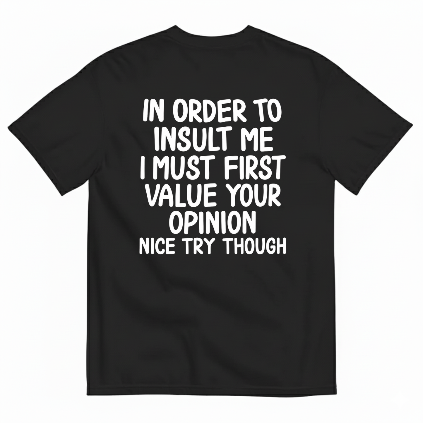IN ORDER TO INSULT ME I MUST FIRST VALUE YOUR OPINION NICE TRY THOUGH T-SHIRT (BACK PRINT)
