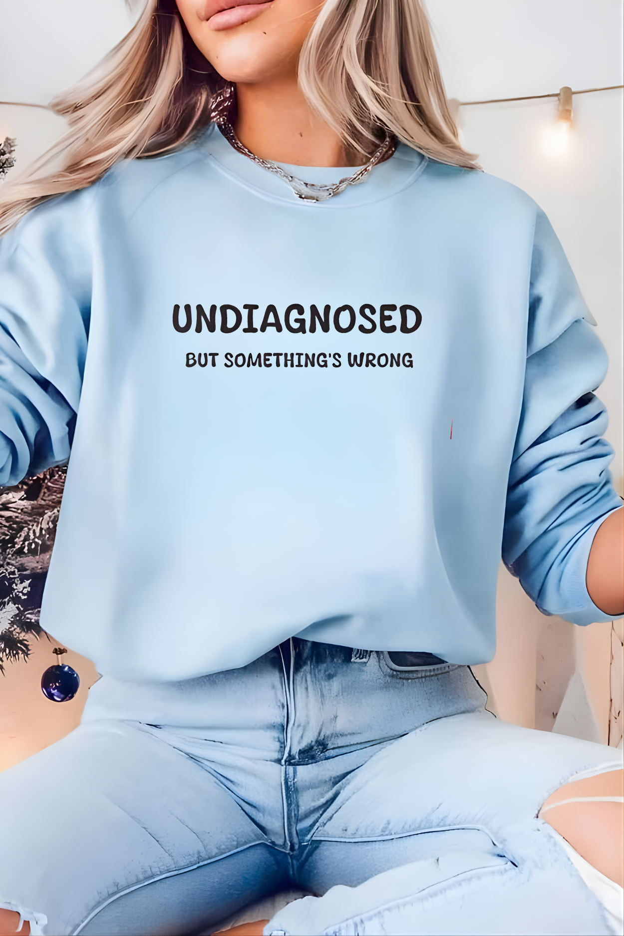 Unisex Black Graphic Sweatshirt – “Undiagnosed But Something’s Wrong” – Crewneck, Long Sleeve, Cotton‑Blend Fleece (S–XL)