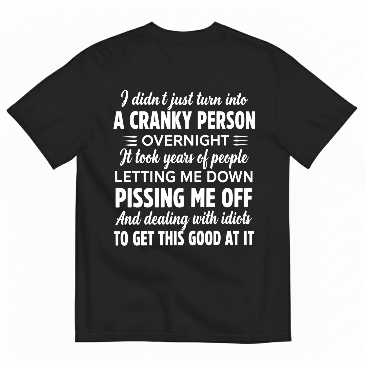 I DIDN'T JUST TURN INTO A CRANKY PERSON OVERNIGHT T-SHIRT (BACK PRINT)