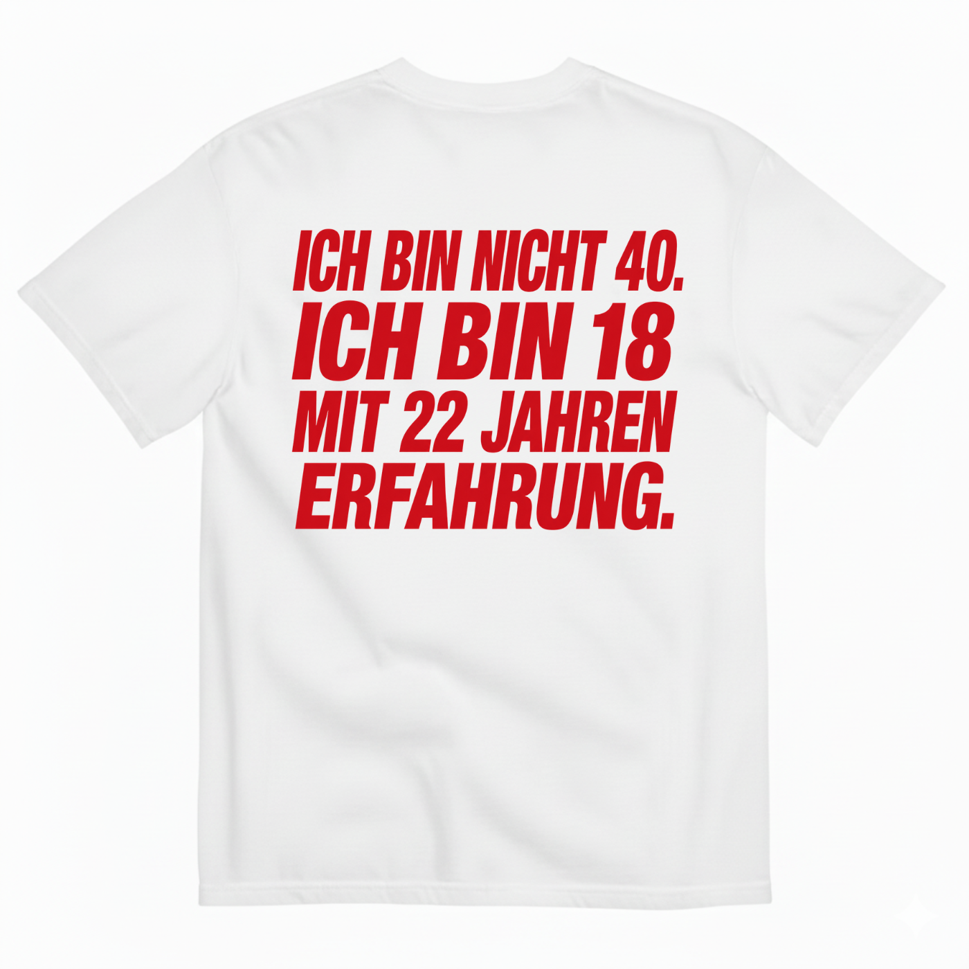 ICH BIN NICHT 40. ICH BIN 18 MIT 22 JAHREN ERFAHRUNG T-SHIRT (BACK PRINT)