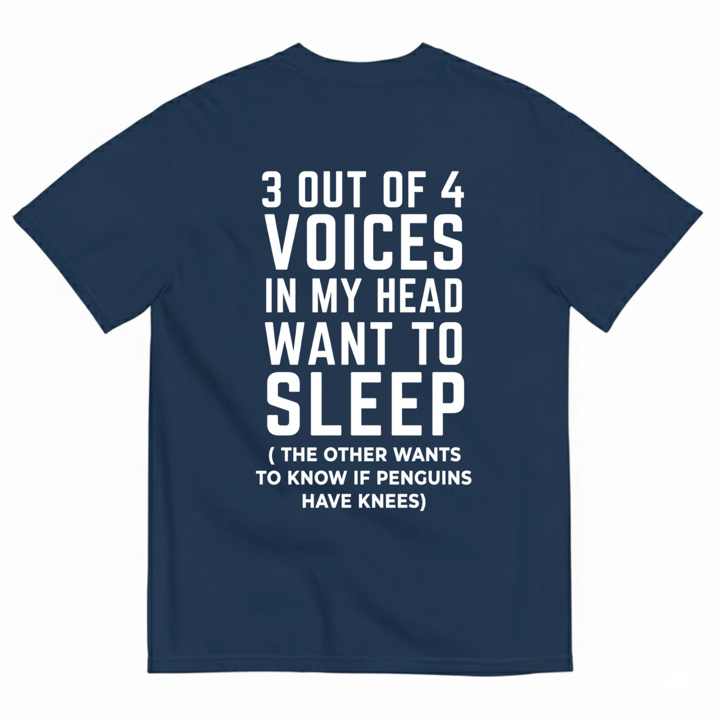 3 OUT OF 4 VOICES IN MY HEAD WANT TO SLEEP T-SHIRT (BACK PRINT)
