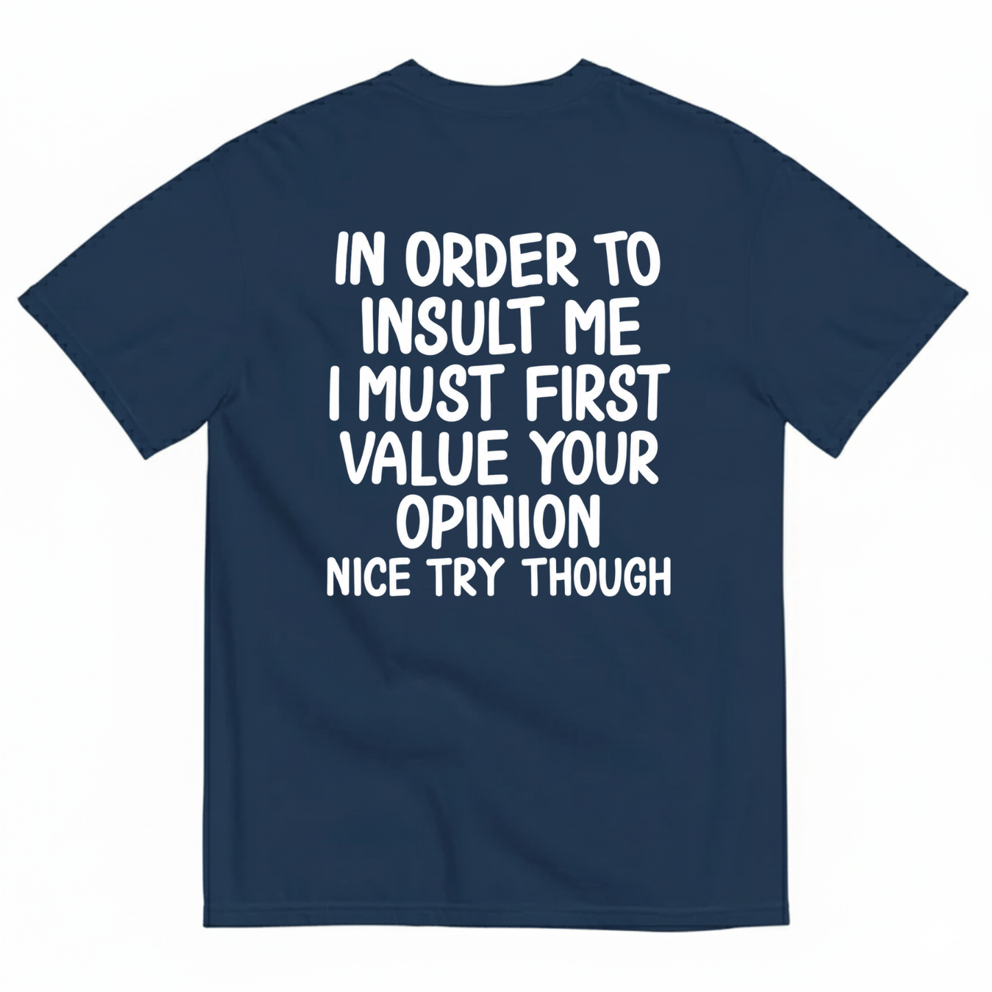 IN ORDER TO INSULT ME I MUST FIRST VALUE YOUR OPINION NICE TRY THOUGH T-SHIRT (BACK PRINT)