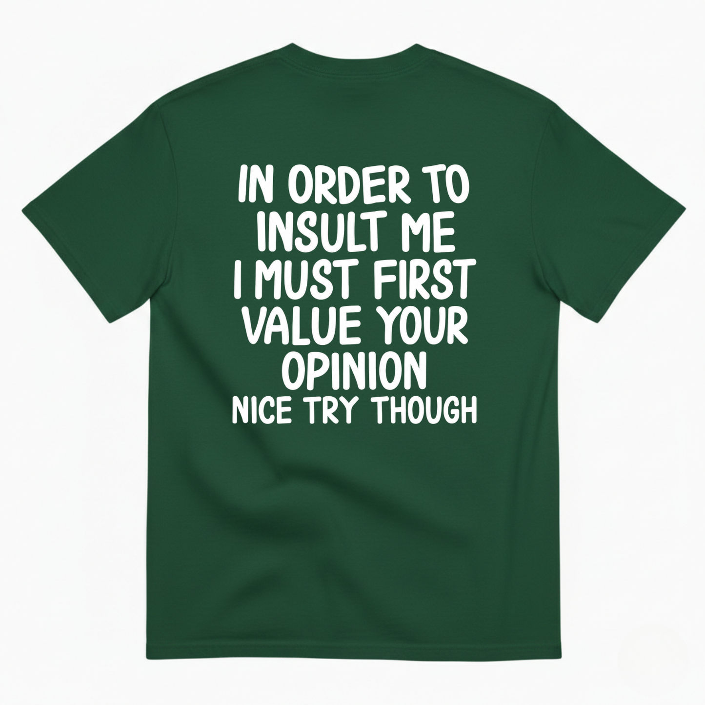 IN ORDER TO INSULT ME I MUST FIRST VALUE YOUR OPINION NICE TRY THOUGH T-SHIRT (BACK PRINT)