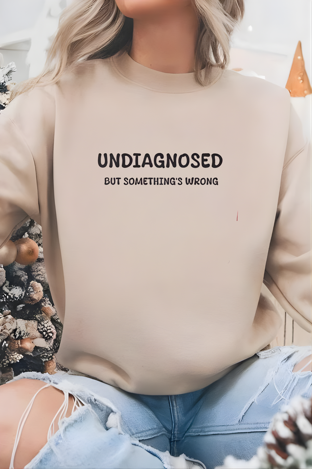 Unisex Black Graphic Sweatshirt – “Undiagnosed But Something’s Wrong” – Crewneck, Long Sleeve, Cotton‑Blend Fleece (S–XL)