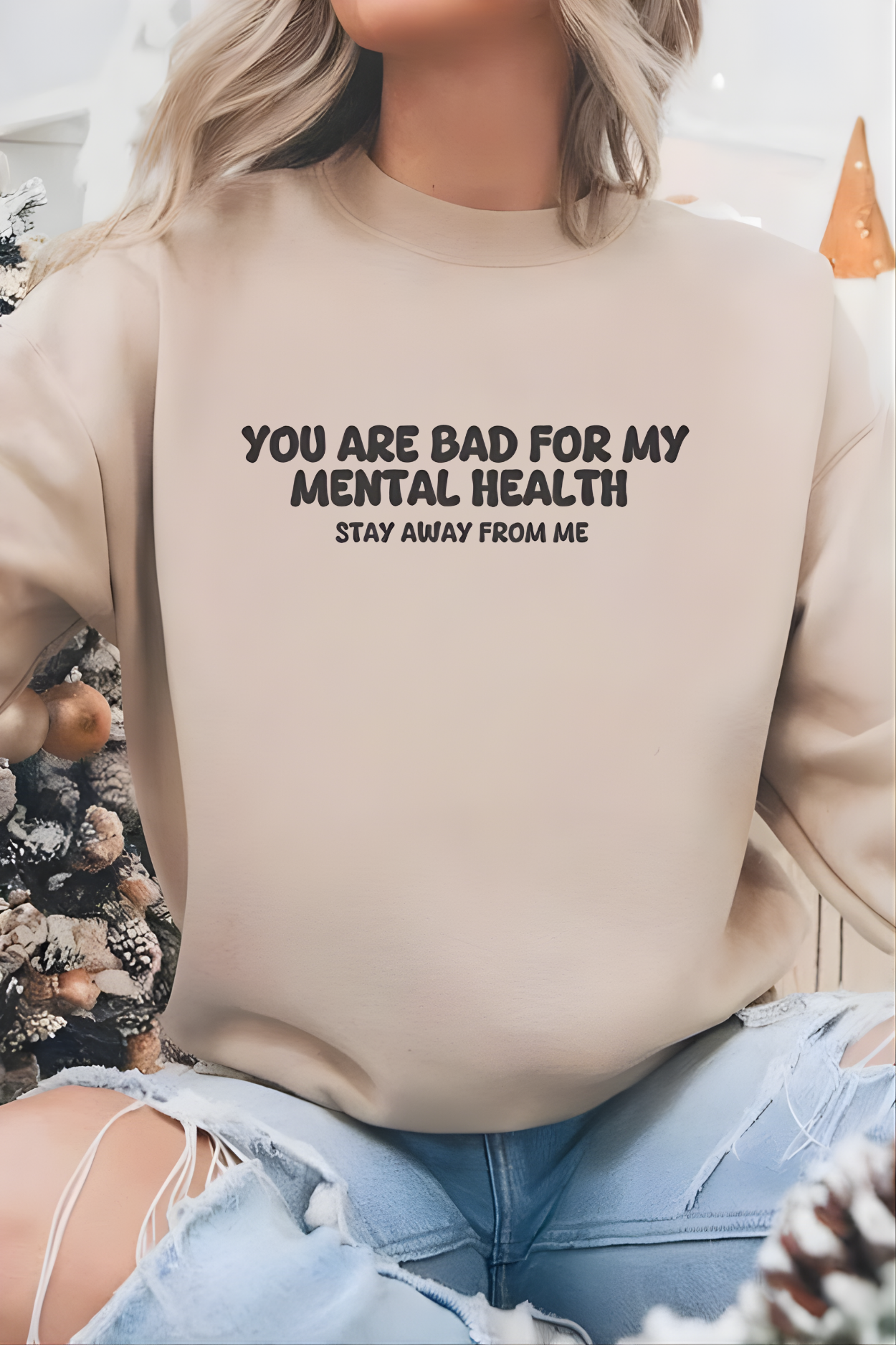 Unisex Black Crewneck Sweatshirt – “Protecting My Peace – Please Stay Away” – Graphic Slogan, Relaxed Fit