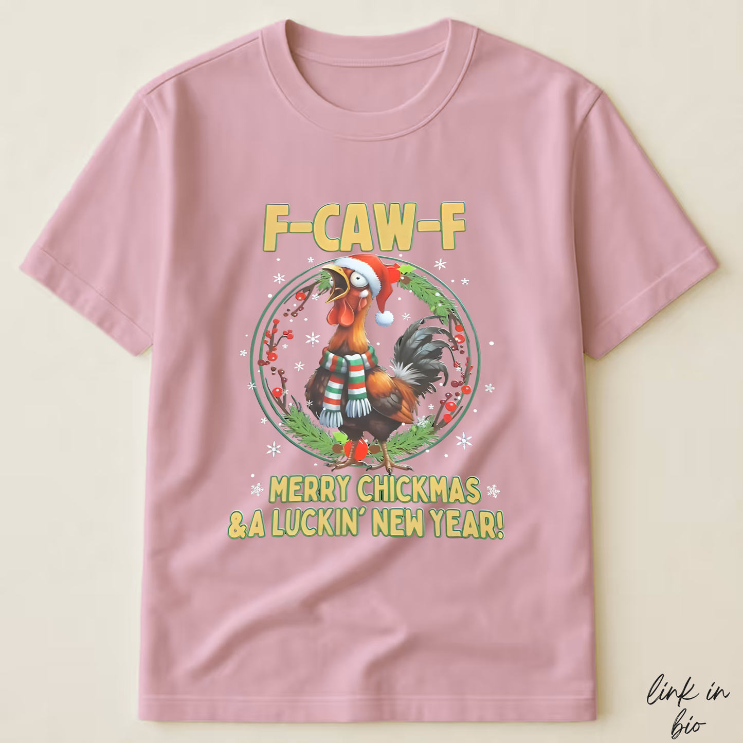Funny F-CAW-F Rooster Christmas T-Shirt | Merry Chickmas Tee (Front Print)