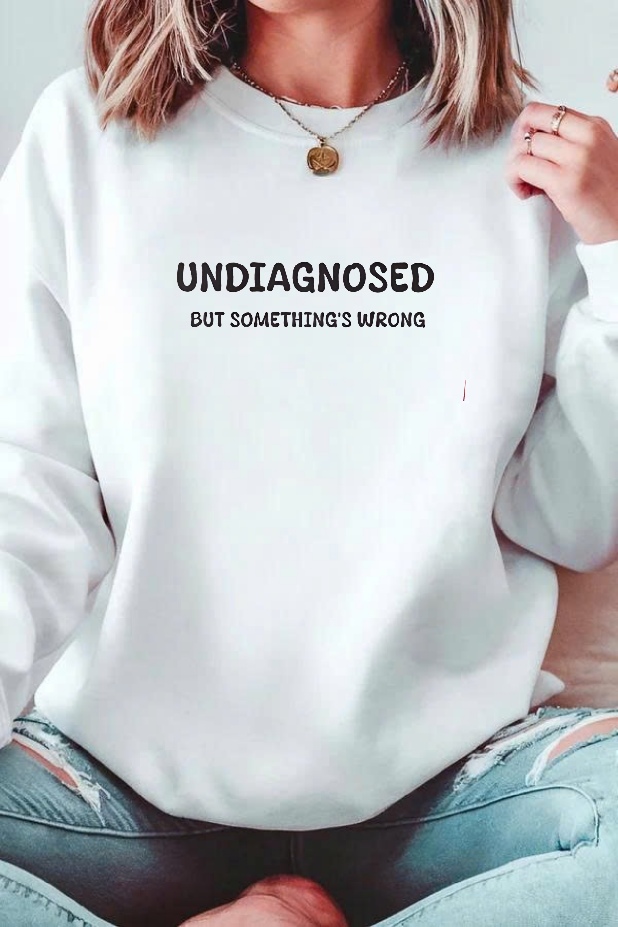 Unisex Black Graphic Sweatshirt – “Undiagnosed But Something’s Wrong” – Crewneck, Long Sleeve, Cotton‑Blend Fleece (S–XL)