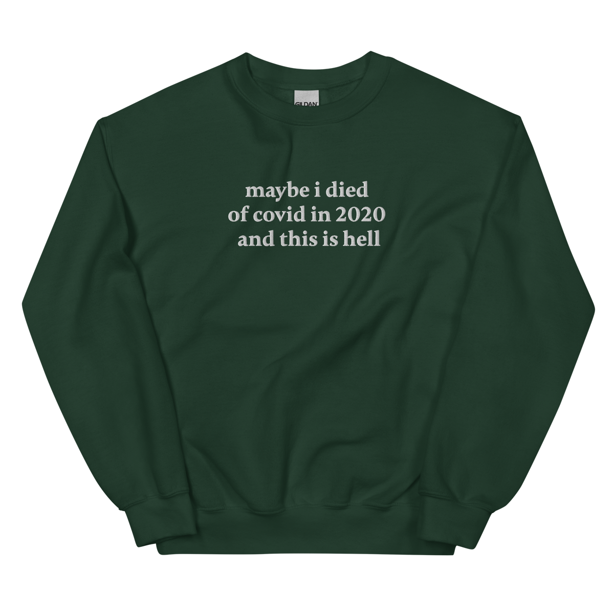 MAYBE I DIED OF COVID IN 2020 AND THIS IS HELL SWEATSHIRT (FRONT EMBROIDERY)