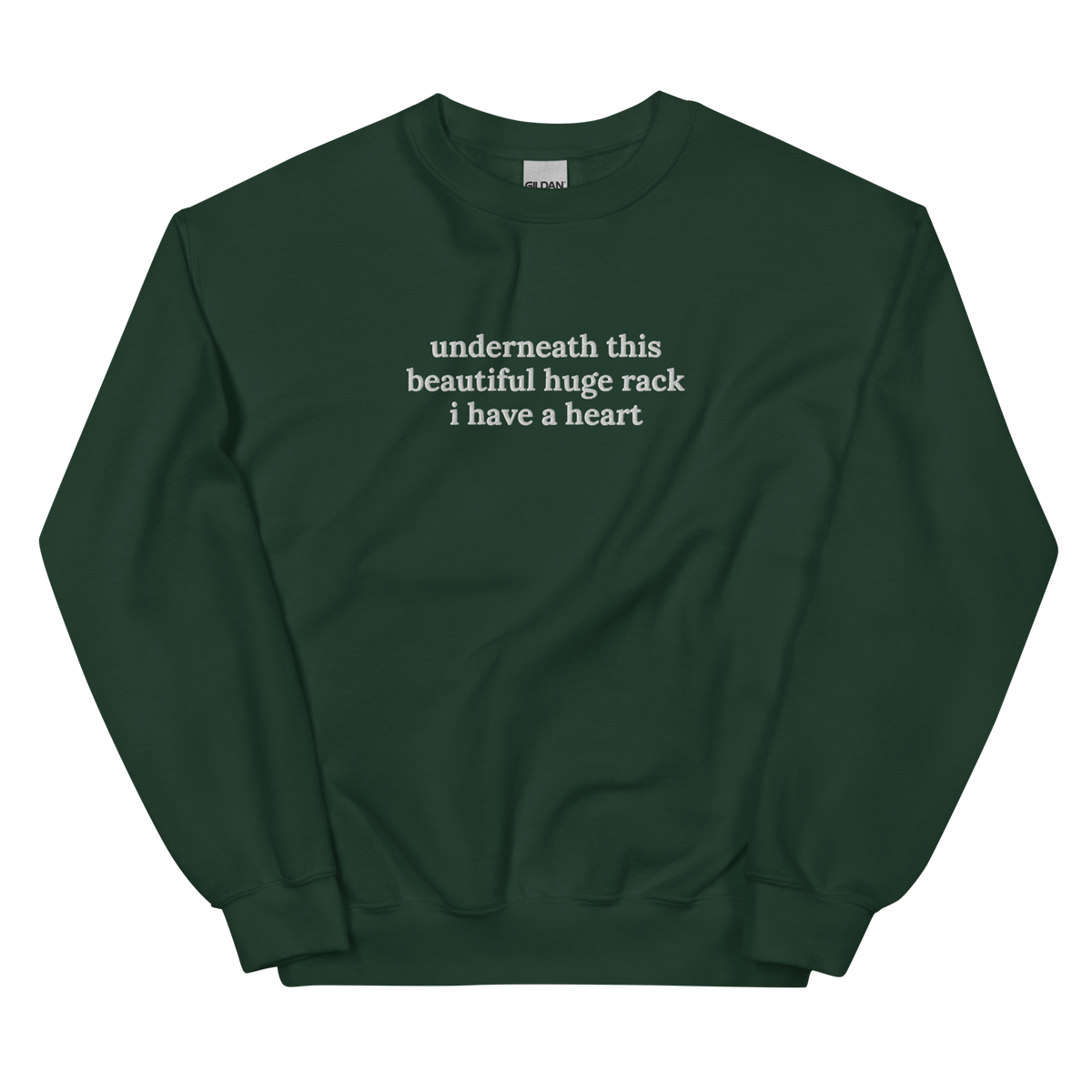 UNDERNEATH THIS BEAUTIFUL HUGE RACK I HAVE A HEART SWEATSHIRT (FRONT EMBROIDERY)